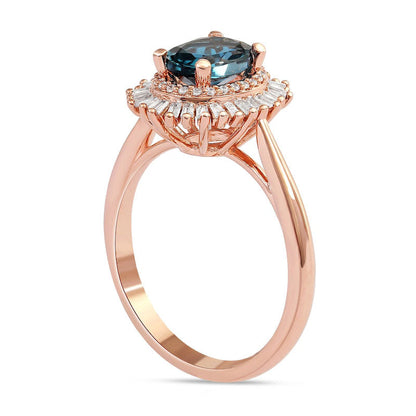 Oval London Blue Topaz and 0.25 CT. T.W. Baguette and Round Natural Diamond Double Frame Ring in Solid 10K Rose Gold