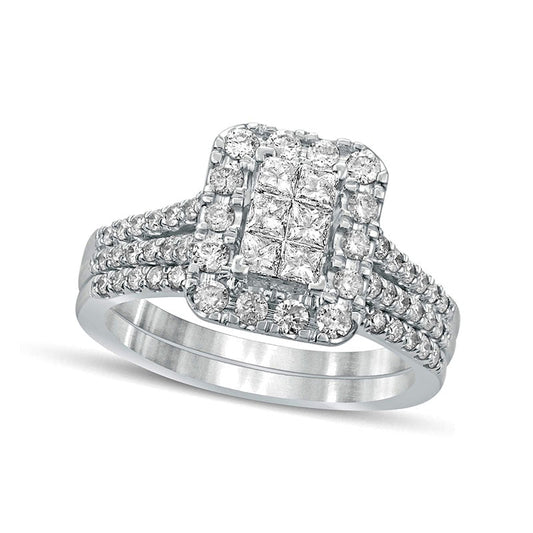 1.0 CT. T.W. Princess-Cut Composite Natural Diamond Rectangle Frame Split Shank Bridal Engagement Ring Set in Solid 10K White Gold