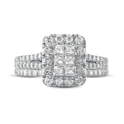 1.0 CT. T.W. Princess-Cut Composite Natural Diamond Rectangle Frame Split Shank Bridal Engagement Ring Set in Solid 10K White Gold