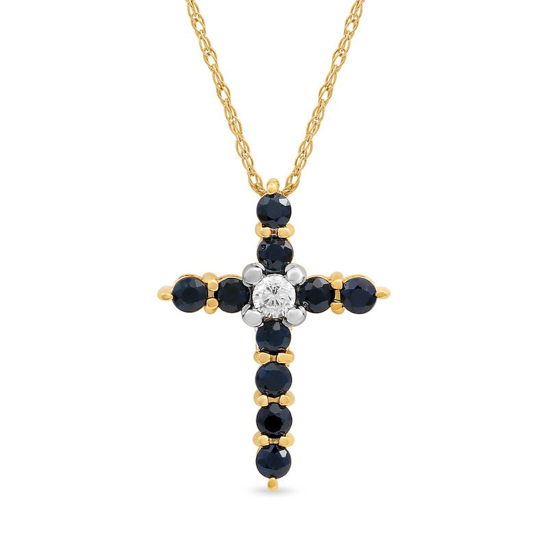 Blue Sapphire and 0.05 CT. Natural Diamond Cross Pendant in 10K Yellow Gold