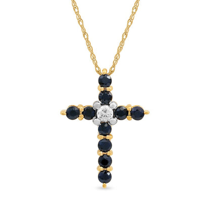 Blue Sapphire and 0.05 CT. Natural Diamond Cross Pendant in 10K Yellow Gold