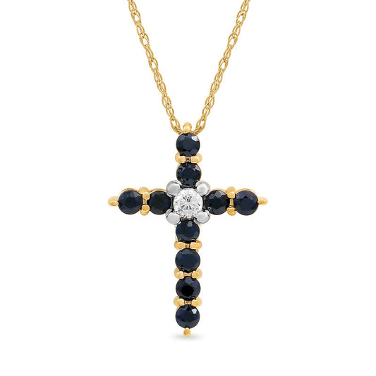 Blue Sapphire and 0.05 CT. Natural Diamond Cross Pendant in 10K Yellow Gold