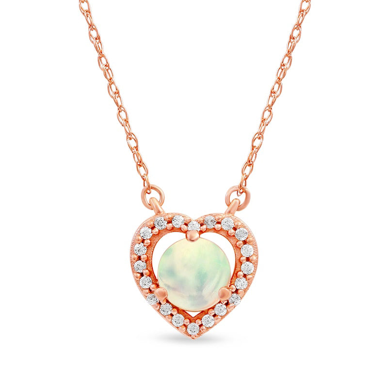 5.0mm Opal and 0.07 CT. T.W. Natural Diamond Open Frame Antique Vintage-Style Heart Necklace in 10K Rose Gold