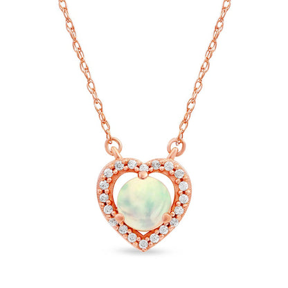 5.0mm Opal and 0.07 CT. T.W. Natural Diamond Open Frame Antique Vintage-Style Heart Necklace in 10K Rose Gold