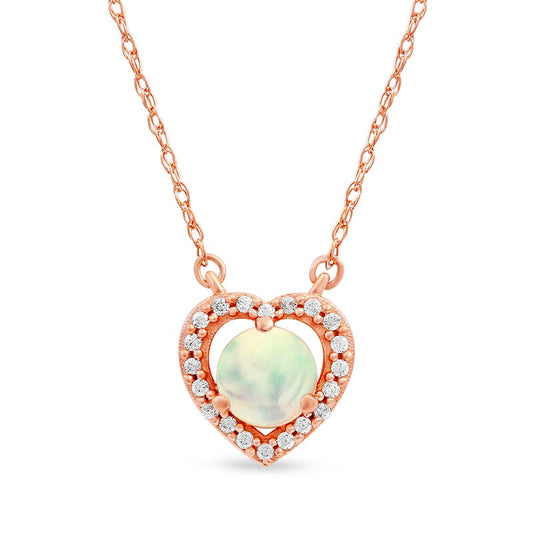 5.0mm Opal and 0.07 CT. T.W. Natural Diamond Open Frame Antique Vintage-Style Heart Necklace in 10K Rose Gold