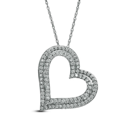1 CT. T.W. Natural Diamond Double Row Tilted Heart Pendant in 10K White Gold