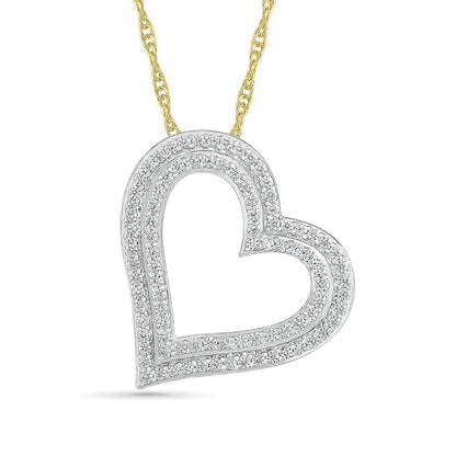 1 CT. T.W. Natural Diamond Double Row Tilted Heart Pendant in 10K Yellow Gold