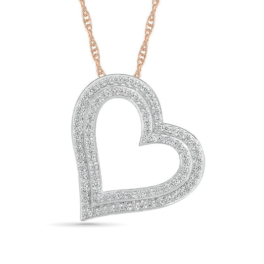 1 CT. T.W. Natural Diamond Double Row Tilted Heart Pendant in 10K Rose Gold
