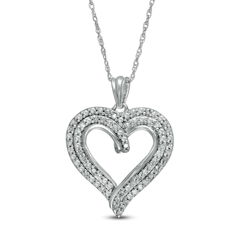 0.5 CT. T.W. Natural Diamond Double Row Curly Heart Pendant in 10K White Gold