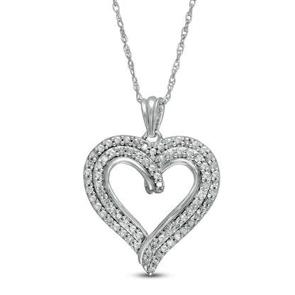 0.5 CT. T.W. Natural Diamond Double Row Curly Heart Pendant in 10K White Gold