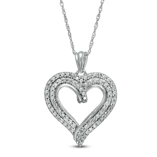 0.5 CT. T.W. Natural Diamond Double Row Curly Heart Pendant in 10K White Gold