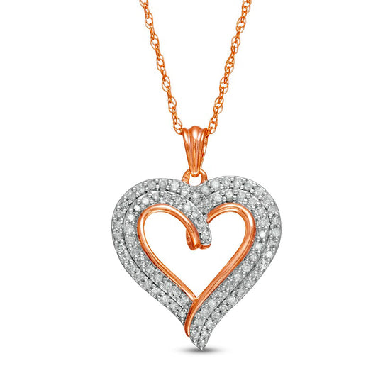 0.5 CT. T.W. Natural Diamond Double Row Curly Heart Pendant in 10K Rose Gold
