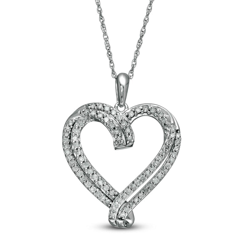 0.5 CT. T.W. Natural Diamond Double Row Ribbon Heart Pendant in 10K White Gold