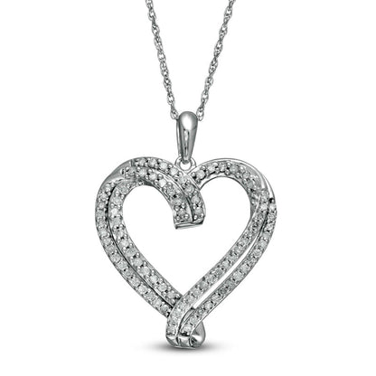 0.5 CT. T.W. Natural Diamond Double Row Ribbon Heart Pendant in 10K White Gold