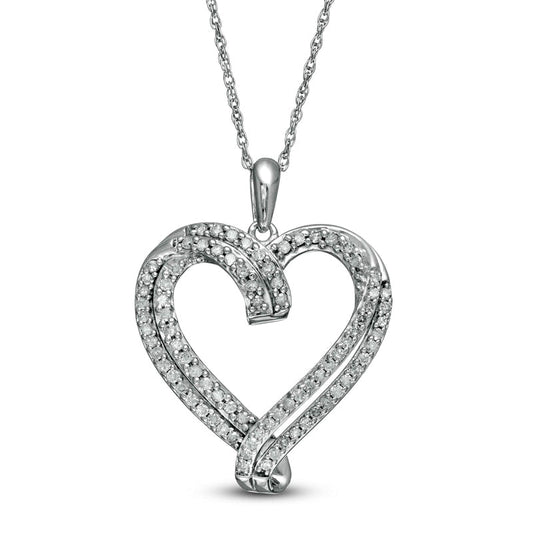 0.5 CT. T.W. Natural Diamond Double Row Ribbon Heart Pendant in 10K White Gold