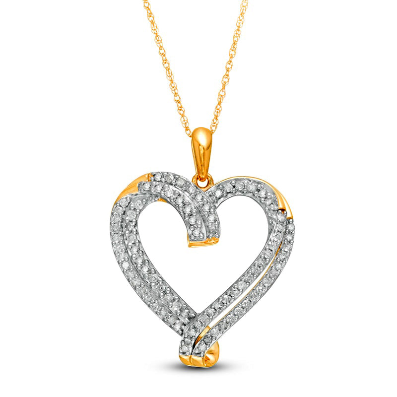 0.5 CT. T.W. Natural Diamond Double Row Ribbon Heart Pendant in 10K Yellow Gold