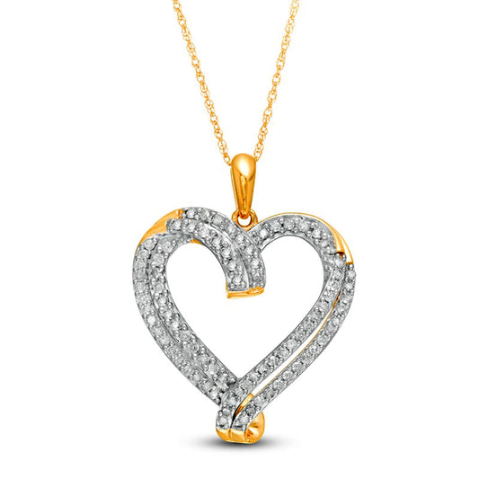 0.5 CT. T.W. Natural Diamond Double Row Ribbon Heart Pendant in 10K Yellow Gold