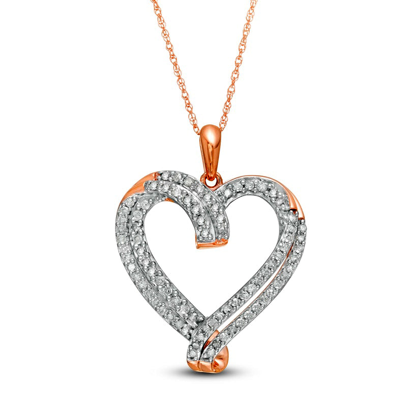 0.5 CT. T.W. Natural Diamond Double Row Ribbon Heart Pendant in 10K Rose Gold