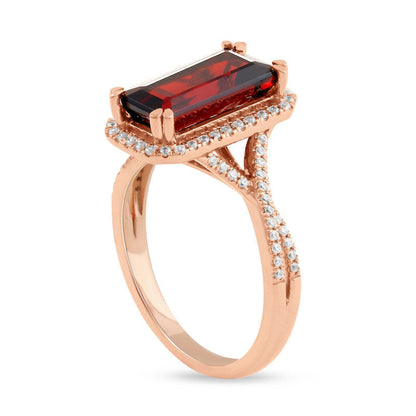 Emerald-Cut Garnet and 0.25 CT. T.W. Natural Diamond Octagonal Frame Crossover Shank Ring in Solid 10K Rose Gold