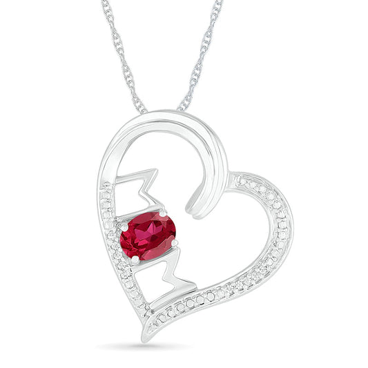 Oval Lab-Created Ruby and Diamond Accent MOM" Tilted Heart Pendant in Sterling Silver"