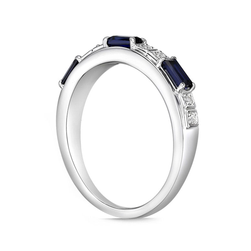 Baguette Lab-Created Blue and White Sapphire Duo Alternating Three Stone Band in Sterling Silver