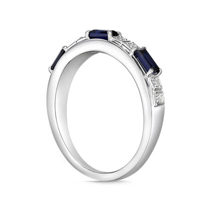 Baguette Lab-Created Blue and White Sapphire Duo Alternating Three Stone Band in Sterling Silver