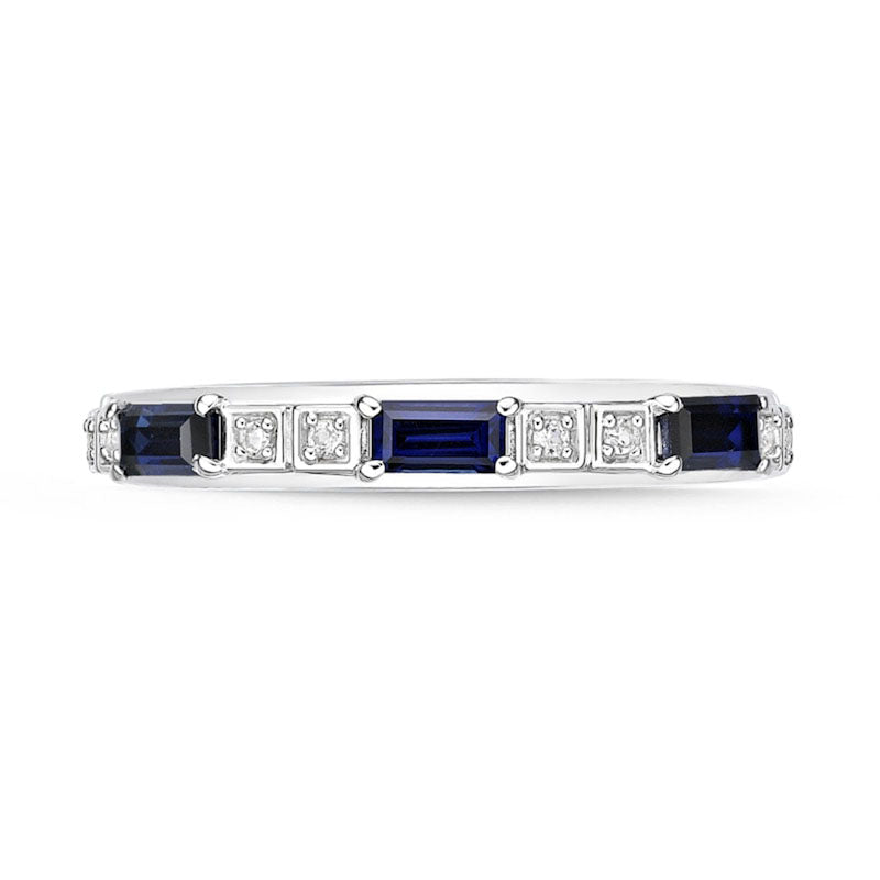 Baguette Lab-Created Blue and White Sapphire Duo Alternating Three Stone Band in Sterling Silver