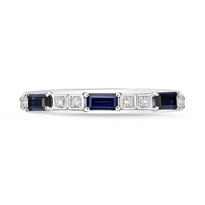 Baguette Lab-Created Blue and White Sapphire Duo Alternating Three Stone Band in Sterling Silver