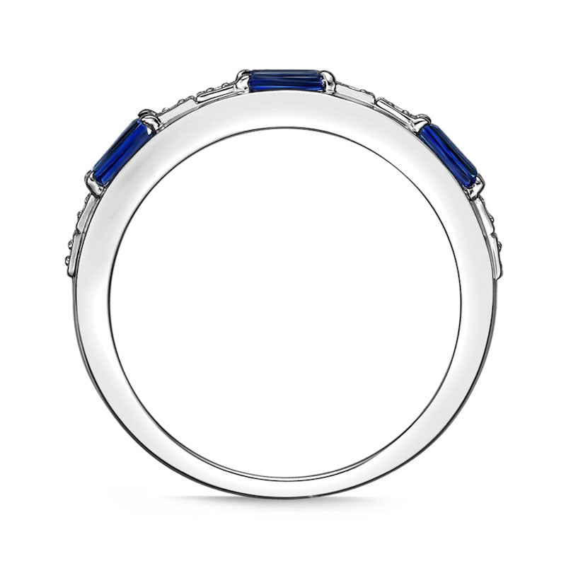 Baguette Lab-Created Blue and White Sapphire Duo Alternating Three Stone Band in Sterling Silver