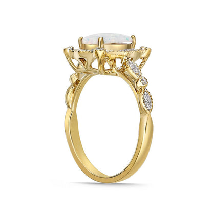 Cushion-Cut Lab-Created Opal and 0.13 CT. T.W. Diamond Ornate Frame Antique Vintage-Style Ring in Solid 10K Yellow Gold