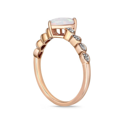 Pear-Shaped Lab-Created Opal and Diamond Accent Layered Scallop Shank Ring in Solid 10K Rose Gold
