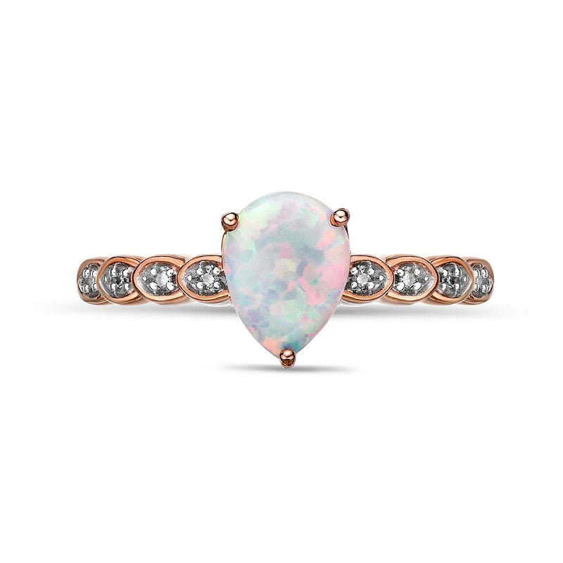 Pear-Shaped Lab-Created Opal and Diamond Accent Layered Scallop Shank Ring in Solid 10K Rose Gold