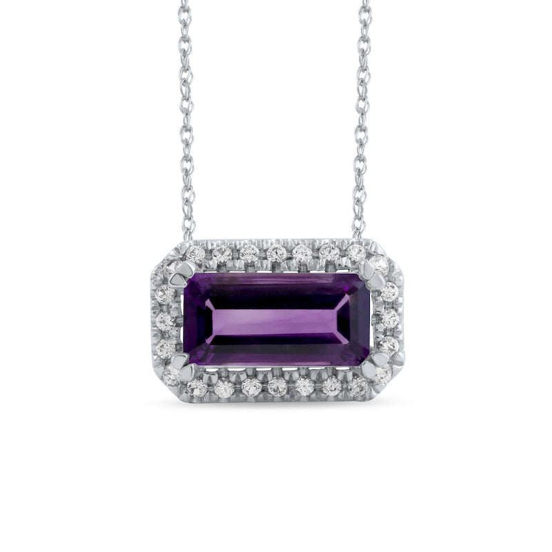 Sideways Emerald-Cut Amethyst and White Lab-Created Sapphire Octagonal Frame Necklace in Sterling Silver