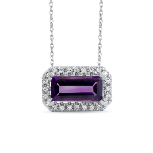 Sideways Emerald-Cut Amethyst and White Lab-Created Sapphire Octagonal Frame Necklace in Sterling Silver