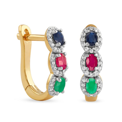 Oval Multi-Gemstone and 0.17 CT. T.W. Diamond Frame Three Stone Hoop Earrings in 10K Gold
