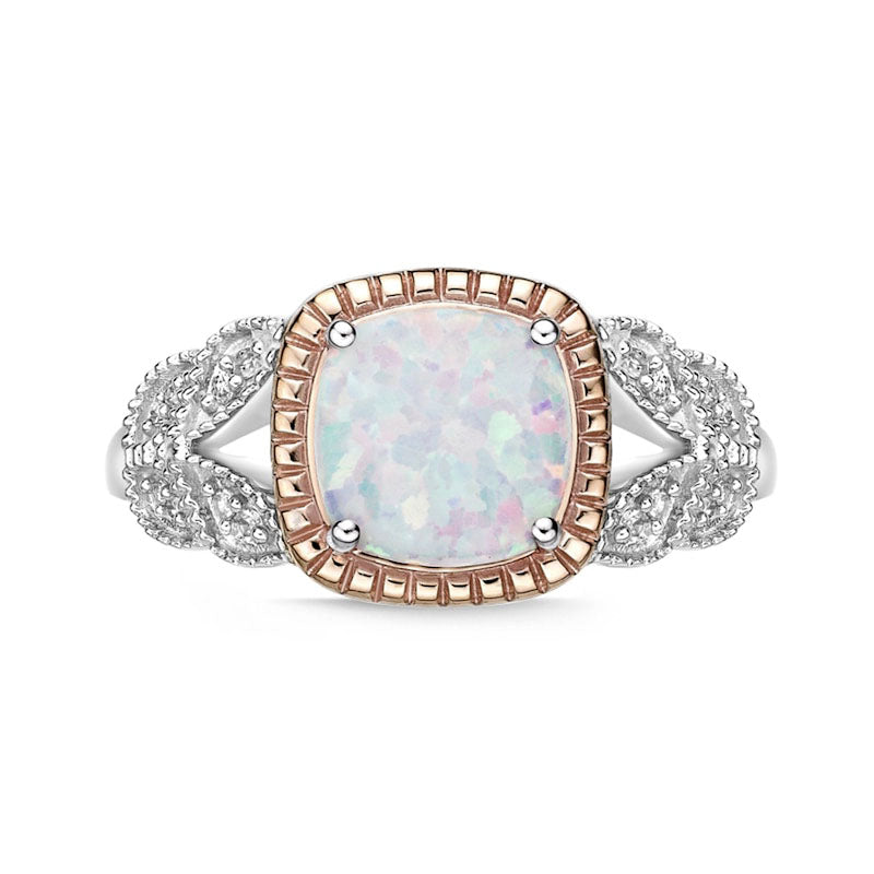 8.0mm Cushion-Cut Lab-Created Opal and 0.05 CT. T.W. Diamond Split Leaf-Sides Antique Vintage-Style Ring in Solid 10K Two-Tone Gold