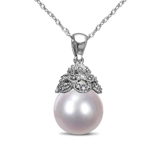 10.0-10.5mm Baroque Cultured South Sea Pearl and 0.05 CT. T.W. Natural Diamond Antique Vintage-Style Pendant in 14K White Gold - 17