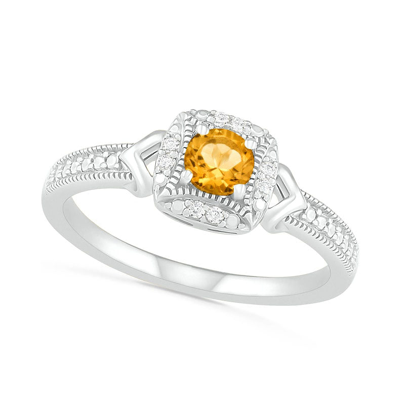 4.0mm Citrine and 0.05 CT. T.W. Natural Diamond Cushion Frame Chevron Side Accent Antique Vintage-Style Ring in Sterling Silver