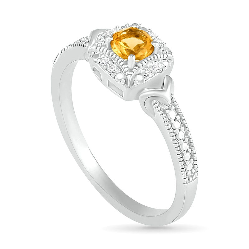 4.0mm Citrine and 0.05 CT. T.W. Natural Diamond Cushion Frame Chevron Side Accent Antique Vintage-Style Ring in Sterling Silver