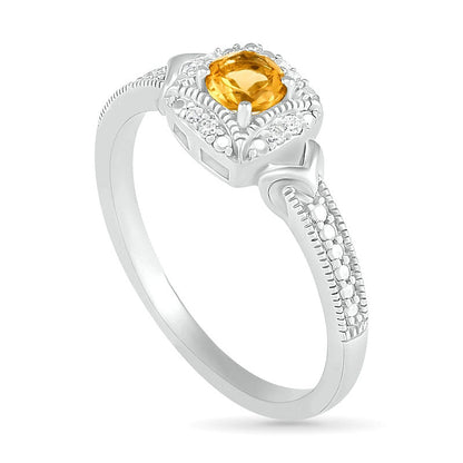 4.0mm Citrine and 0.05 CT. T.W. Natural Diamond Cushion Frame Chevron Side Accent Antique Vintage-Style Ring in Sterling Silver