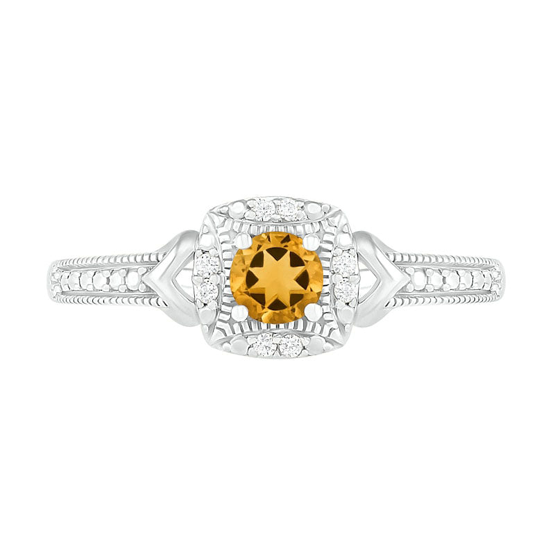 4.0mm Citrine and 0.05 CT. T.W. Natural Diamond Cushion Frame Chevron Side Accent Antique Vintage-Style Ring in Sterling Silver