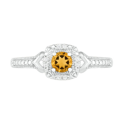 4.0mm Citrine and 0.05 CT. T.W. Natural Diamond Cushion Frame Chevron Side Accent Antique Vintage-Style Ring in Sterling Silver