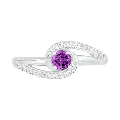 4.0mm Amethyst and Lab-Created White Sapphire Bypass Swirl Frame Split Shank Ring in Sterling Silver