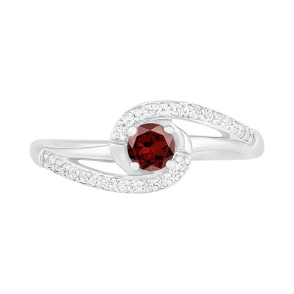 4.0mm Garnet and Lab-Created White Sapphire Bypass Swirl Frame Split Shank Ring in Sterling Silver