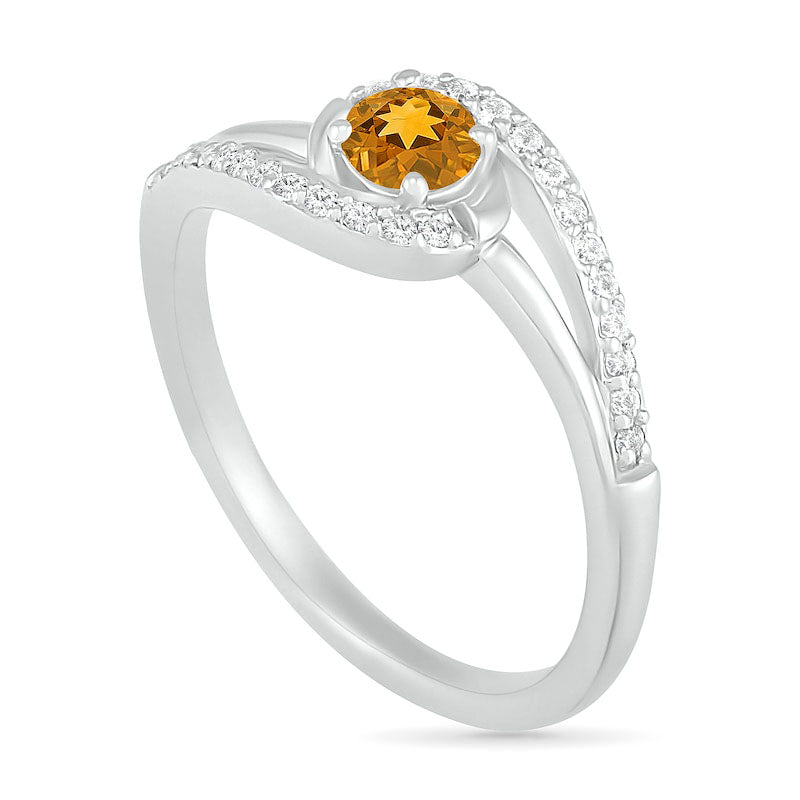 4.0mm Citrine and Lab-Created White Sapphire Bypass Swirl Frame Split Shank Ring in Sterling Silver