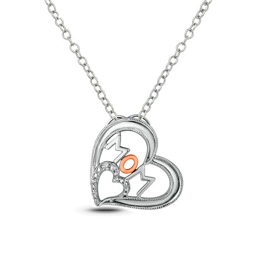 Natural Diamond Accent Tilted Heart MOM" Pendant in Sterling Silver and 10K Rose Gold"