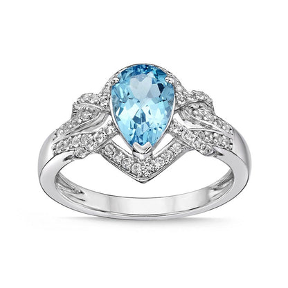Pear-Shaped Blue and White Topaz Frame Buckle Split Shank Ring in Sterling Silver