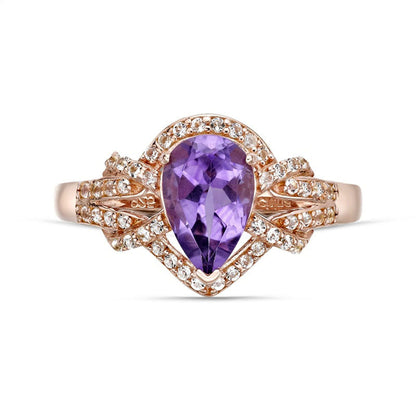 Pear-Shaped Amethyst and White Topaz Frame Buckle Split Shank Ring in Sterling Silver with Solid 18K Rose Gold Plate