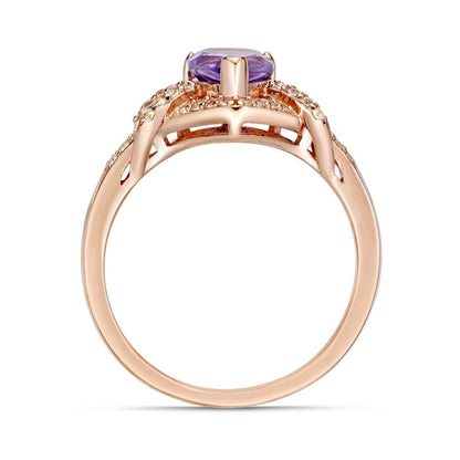 Pear-Shaped Amethyst and White Topaz Frame Buckle Split Shank Ring in Sterling Silver with Solid 18K Rose Gold Plate