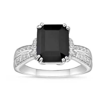 Emerald-Cut Black Onyx and White Topaz Collar Split Shank Ring in Sterling Silver
